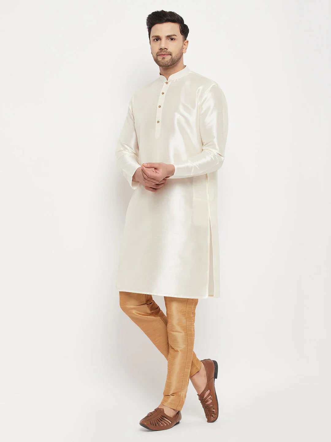 Men's Cream Cotton Silk Blend Kurta And Rose Gold Pant Style Pyjama Set