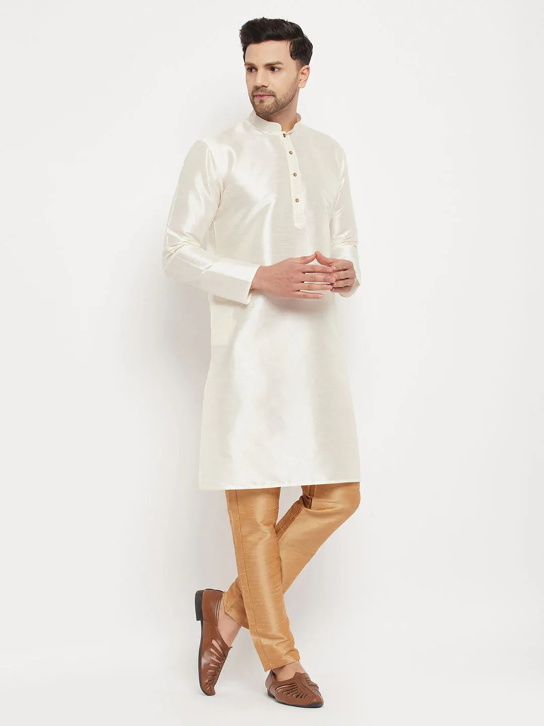 Men's Cream Cotton Silk Blend Kurta And Rose Gold Pant Style Pyjama Set