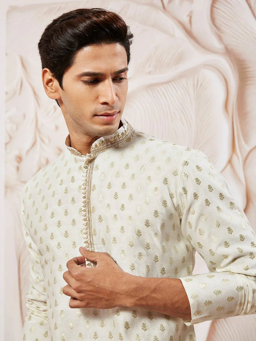 Men's Cream Jacquard Silk Blend Kurta Pyjama Set