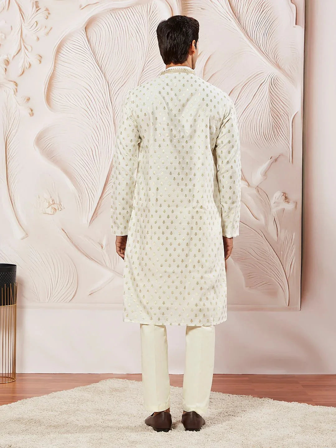 Men's Cream Jacquard Silk Blend Kurta Pyjama Set