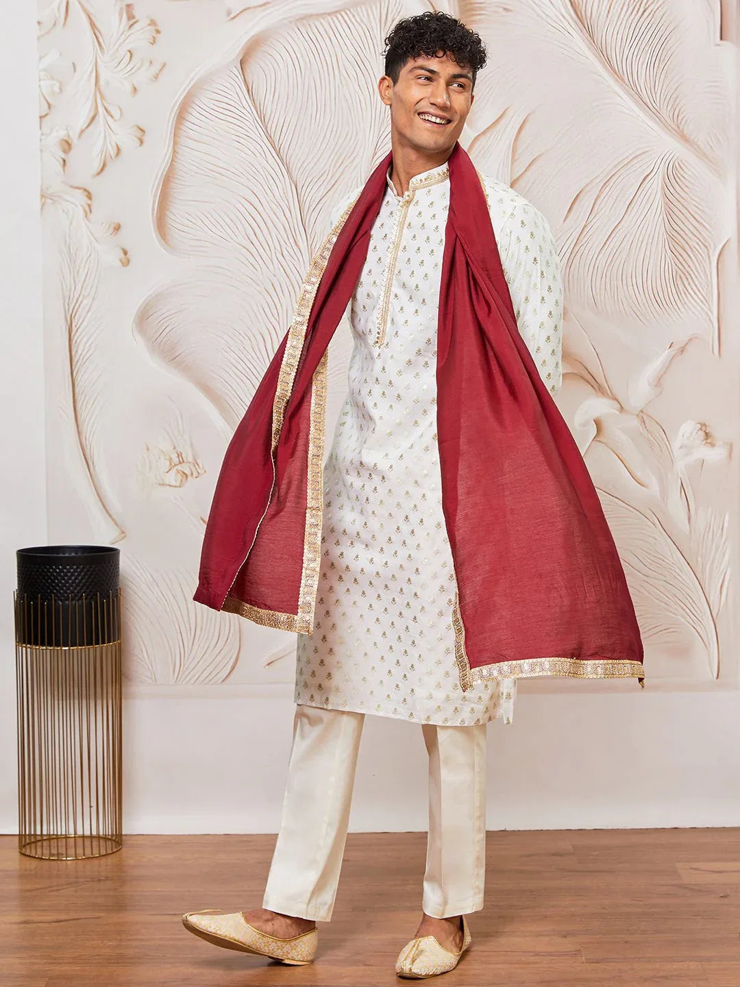 Men's Cream Kurta Pyjama with Embroidered Maroon Dupatta Set