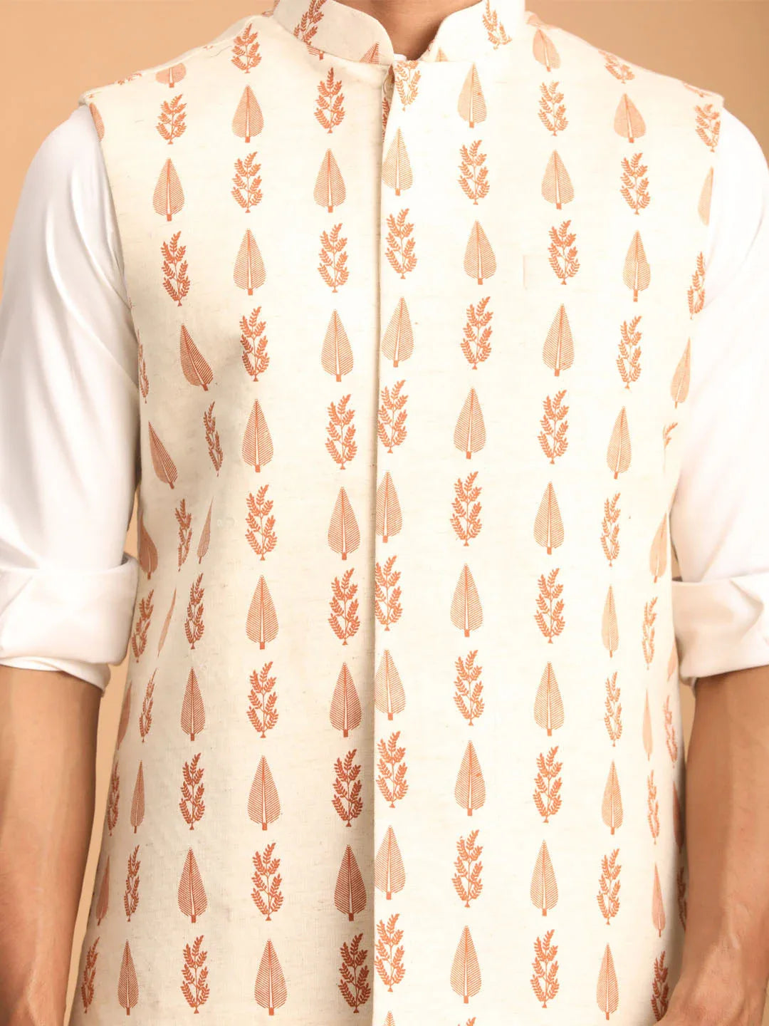 Men's Cream Leaf Printed Pure Cotton Nehru Jacket