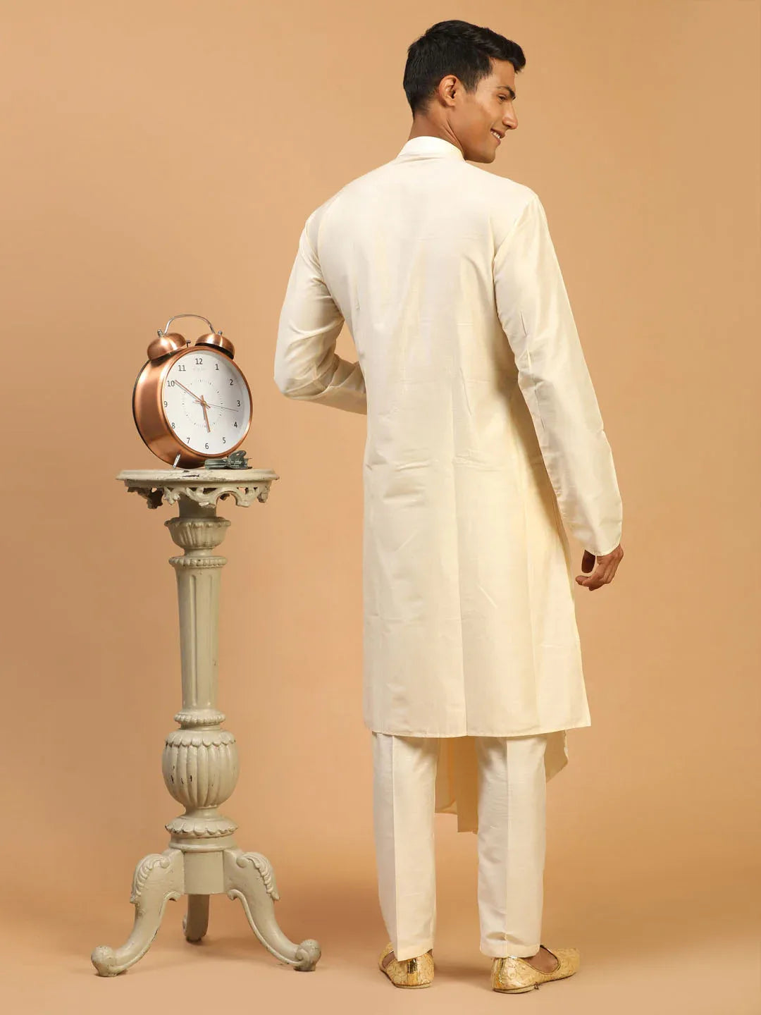 Men's Cream Pleated Kurta With Cream Pant Style Pyjama Set
