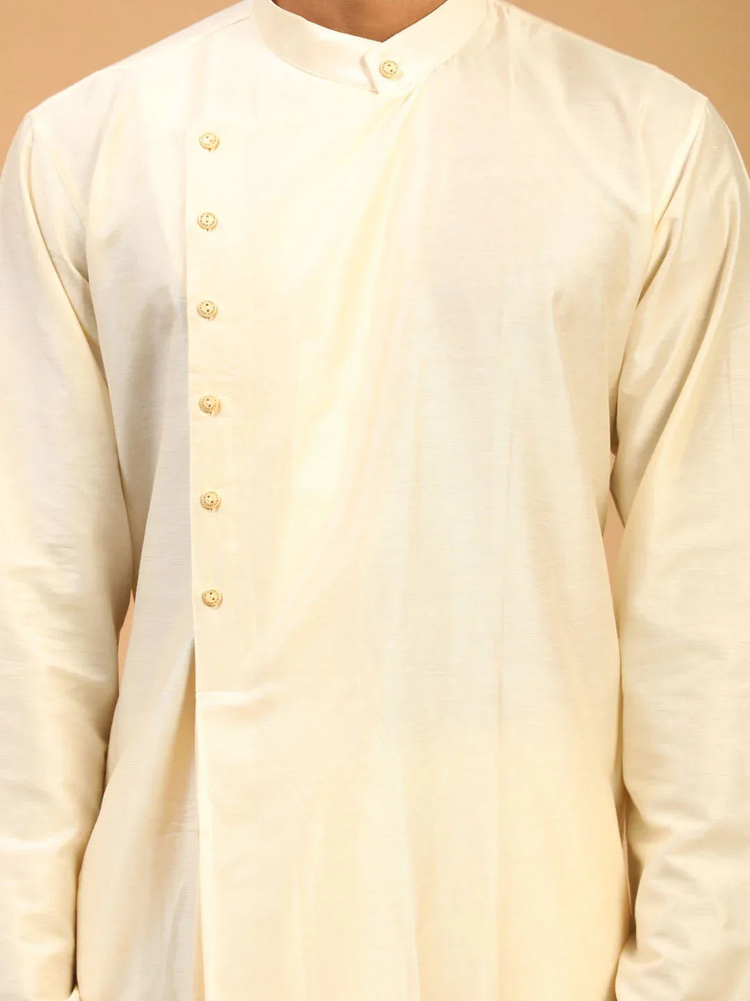Men's Cream Pleated Kurta With Cream Pant Style Pyjama Set