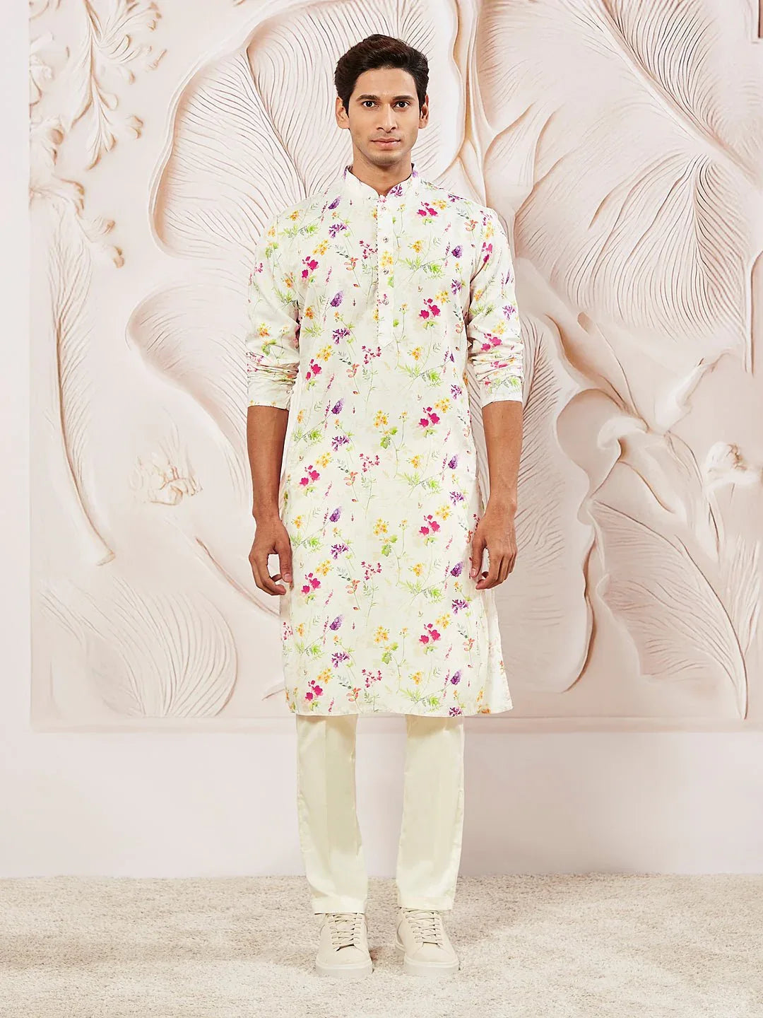 Men's Cream Printed Kurta Pyjama Set