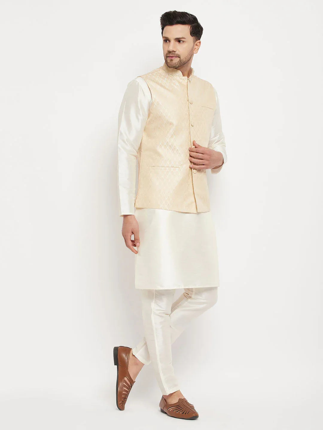 Men's Cream Silk Blend Jacket With Kurta Pant Set