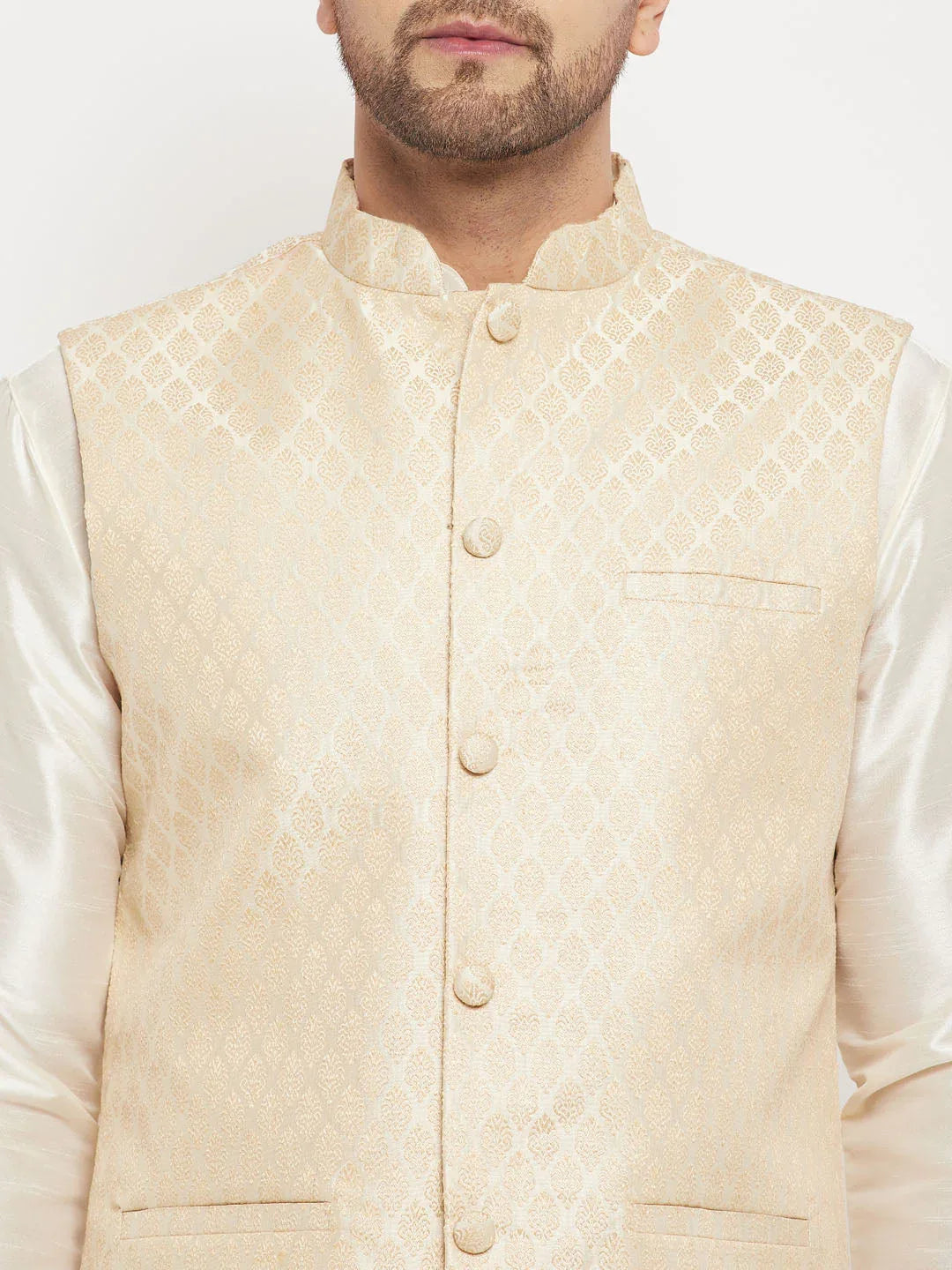 Men's Cream Silk Blend Jacket With Kurta Pant Set