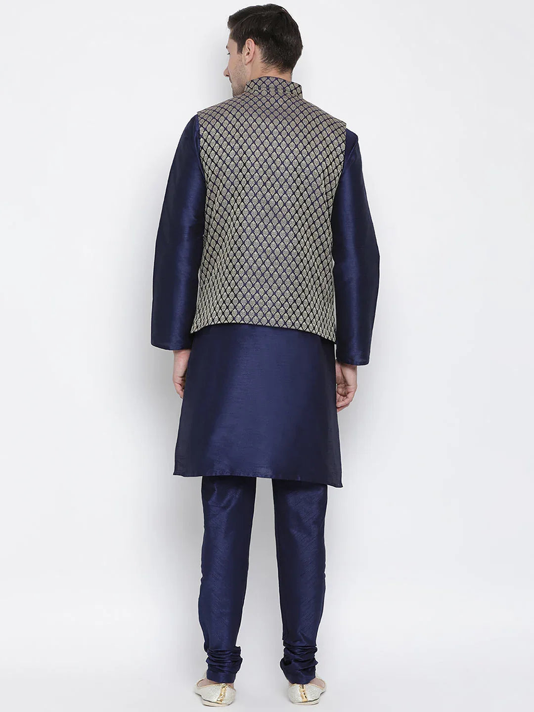 Men's Dark Blue Cotton Silk Blend Kurta, Ethnic Jacket Style Pyjama Set