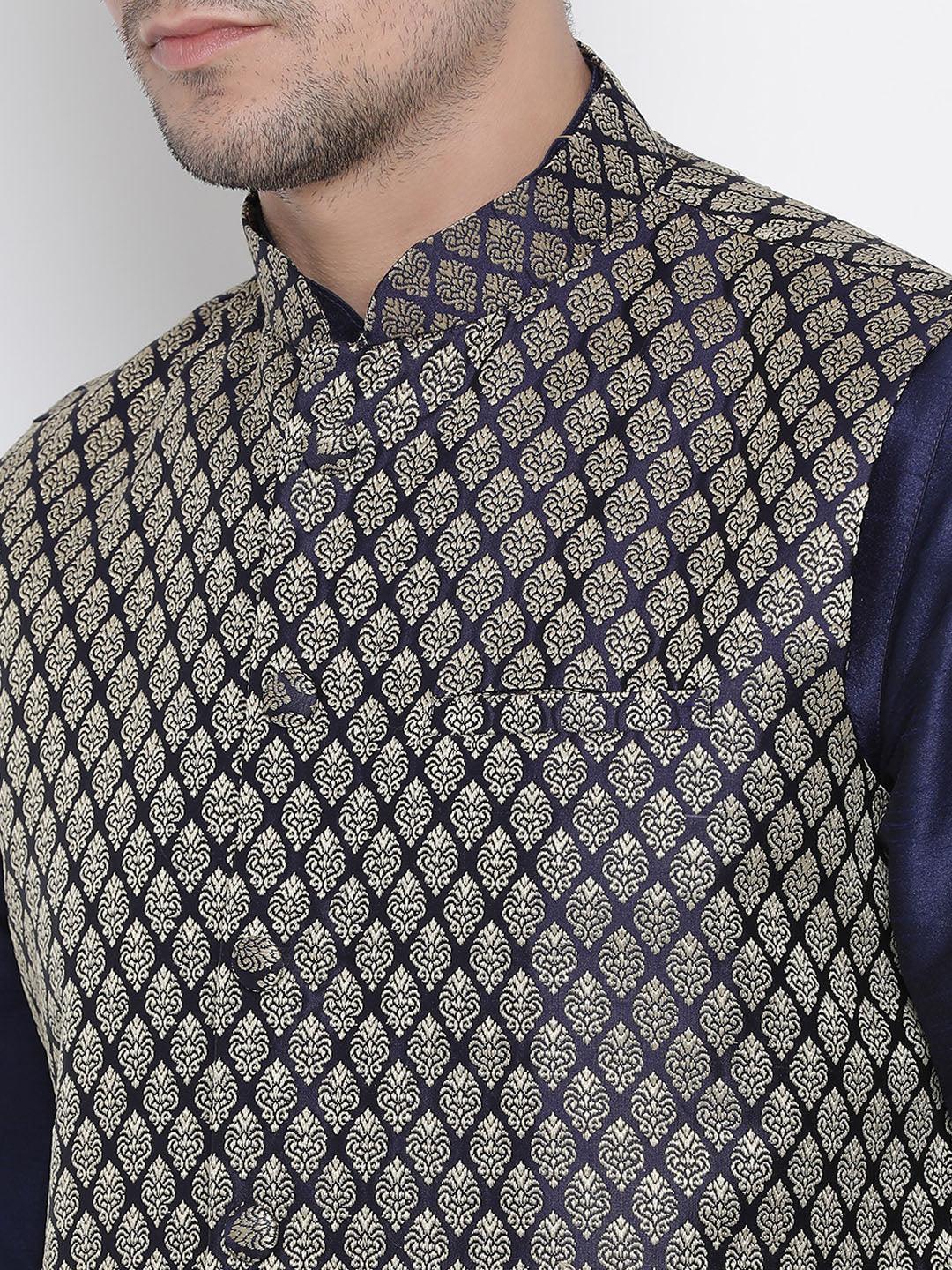 Men's Dark Blue Cotton Silk Blend Kurta, Ethnic Jacket Style Pyjama Set