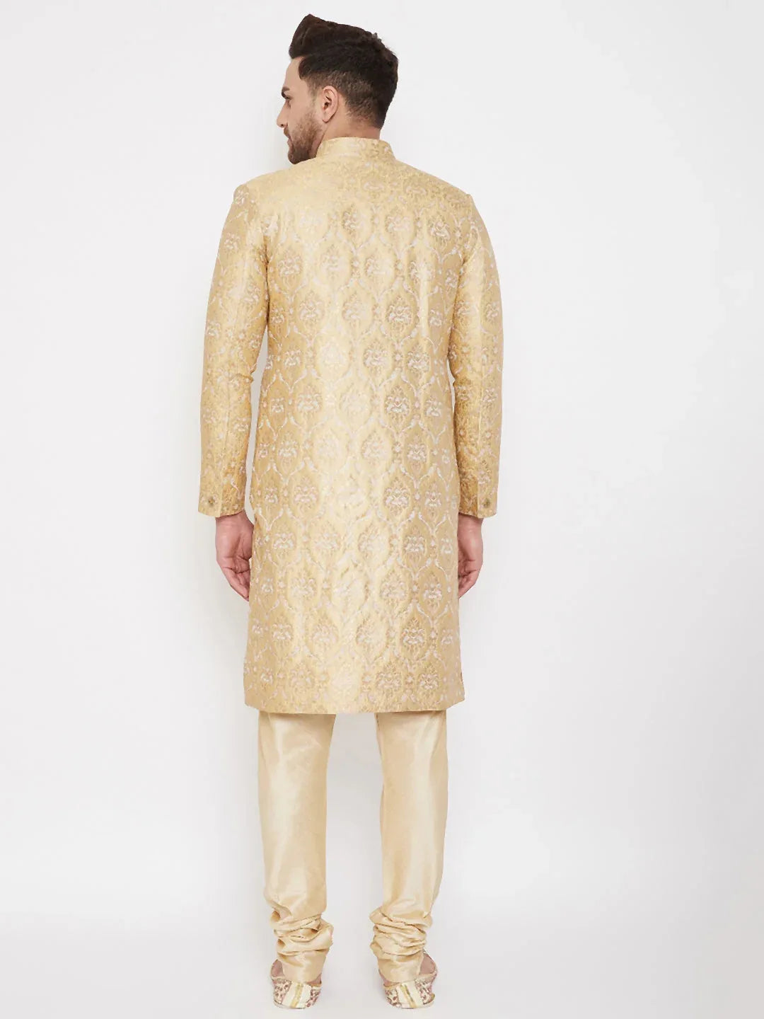 Men's Golden Brocade Slim Fit Sherwani Set