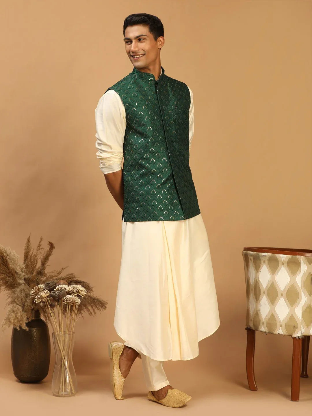 Men's Green Embroidered Nehru Jacket Set with Cream Self Design Kurta & Viscose Pyjama