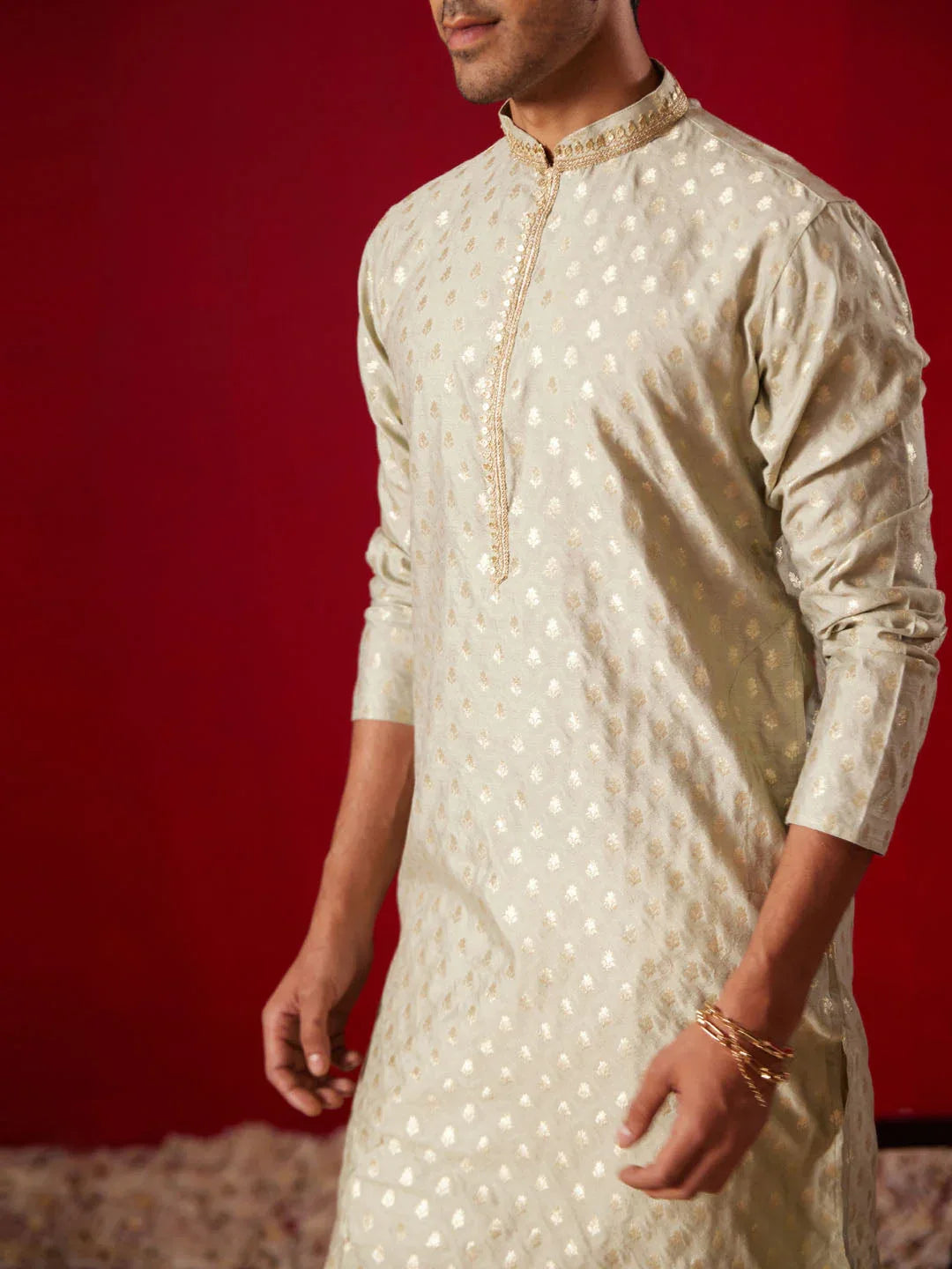 Men's Green Silk Blend Jacquard Kurta With Pant Set