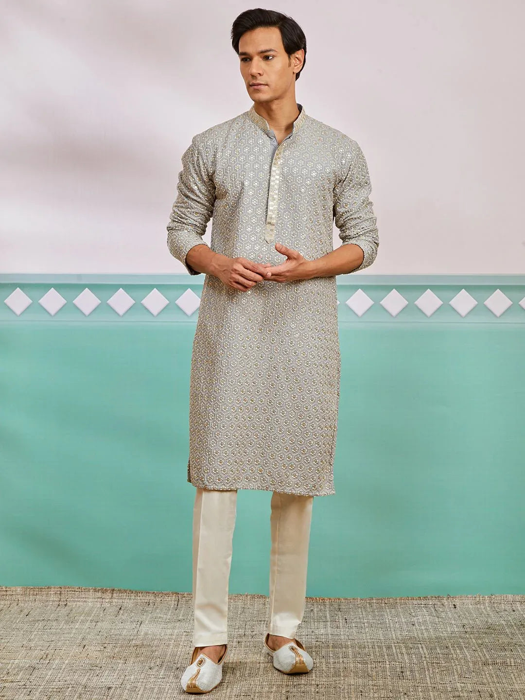 Men's Grey Chikankari Rayon Kurta with Cream Fine Satin Pyjama