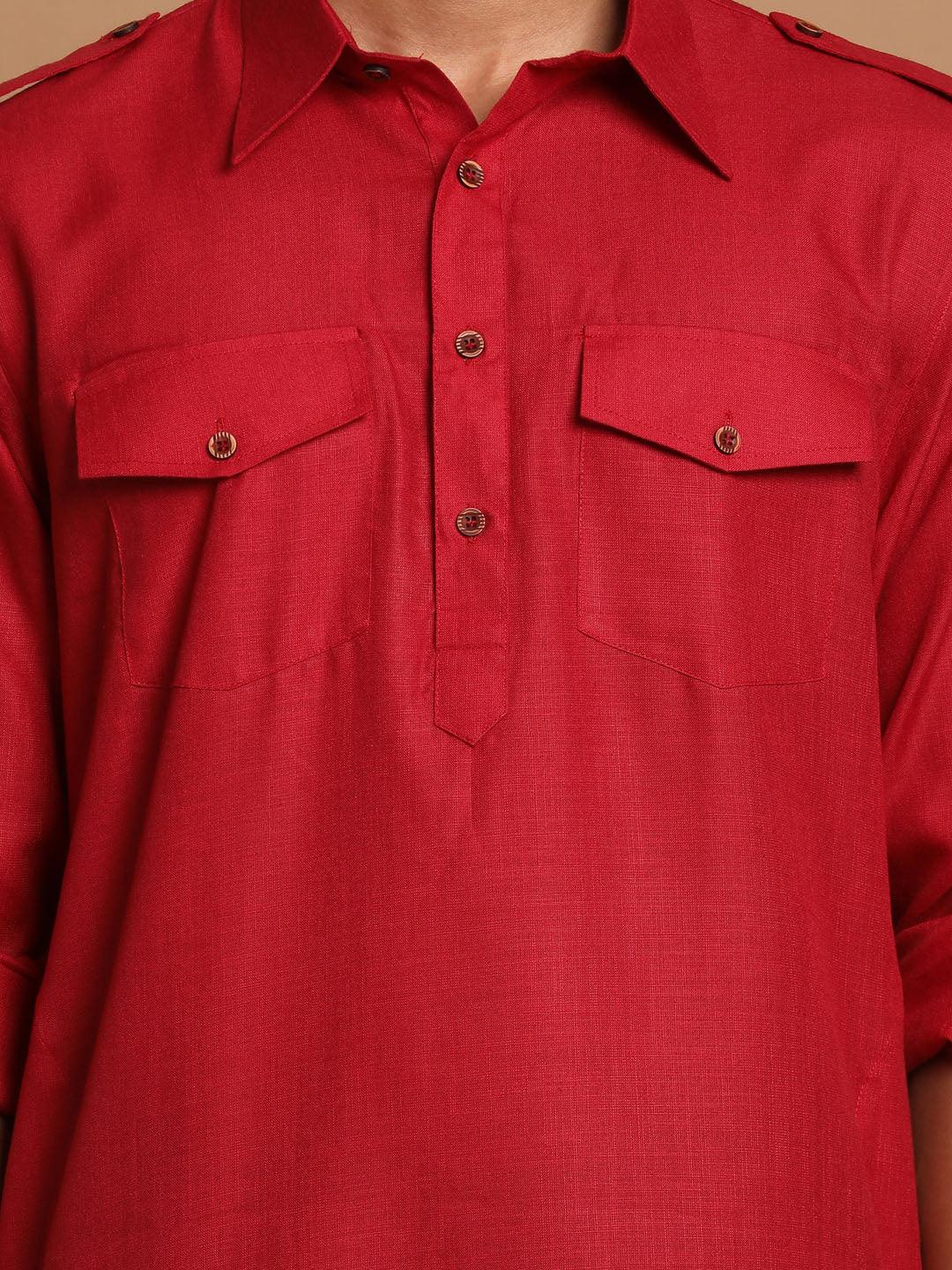 Men's Maroon And Black Cotton Blend Pathani Suit Set