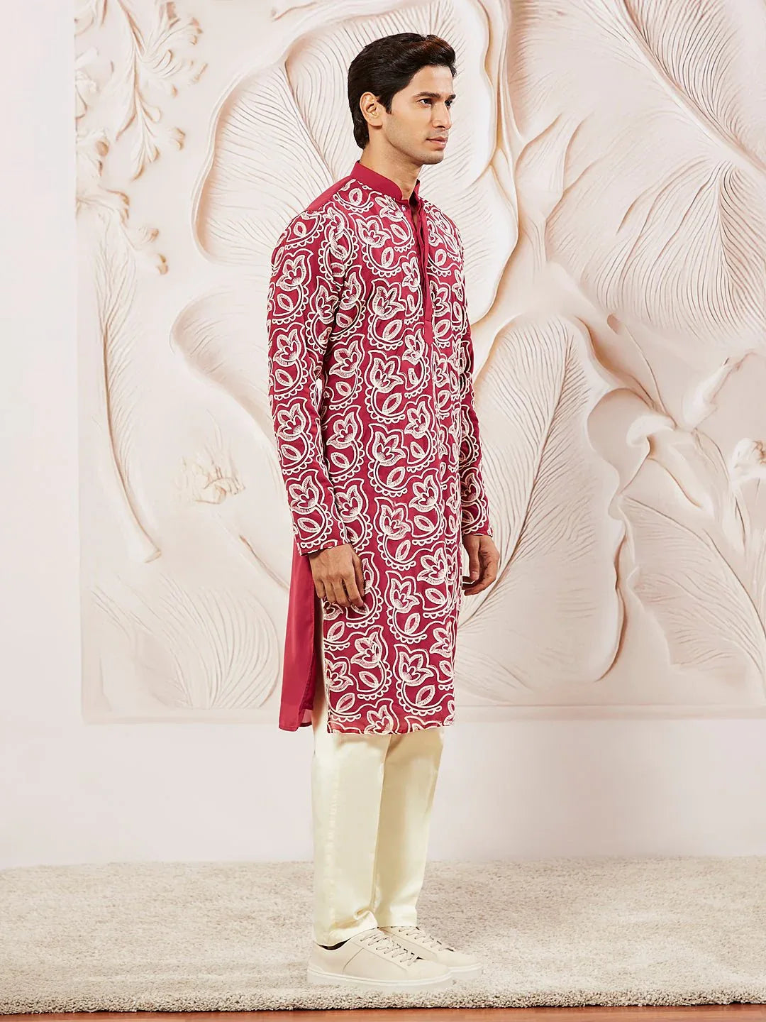 Men's Maroon Embroidered Fox Georgette Kurta Pyjama Set