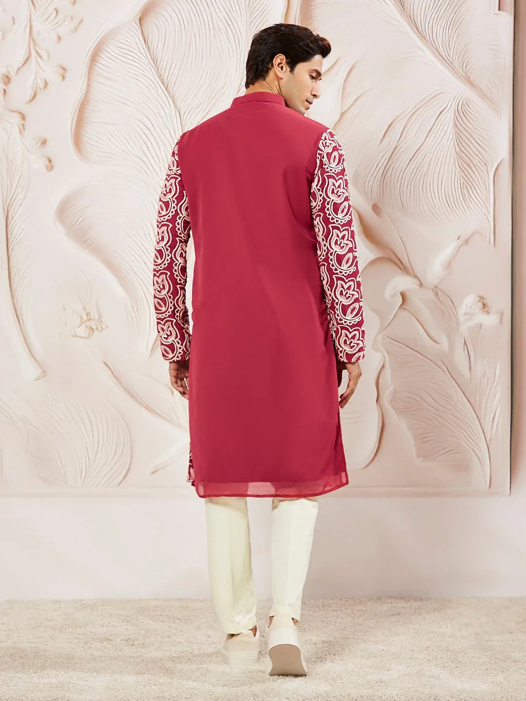 Men's Maroon Embroidered Fox Georgette Kurta Pyjama Set