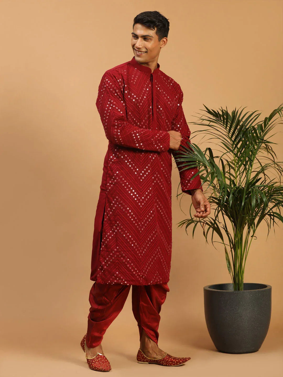 Men's Maroon Mirror Kurta Dhoti Set