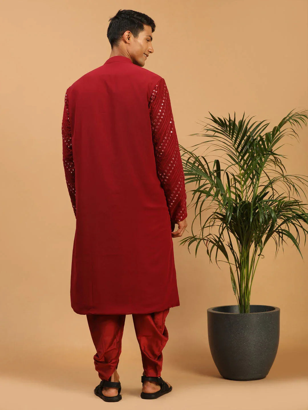 Men's Maroon Mirror Kurta Dhoti Set