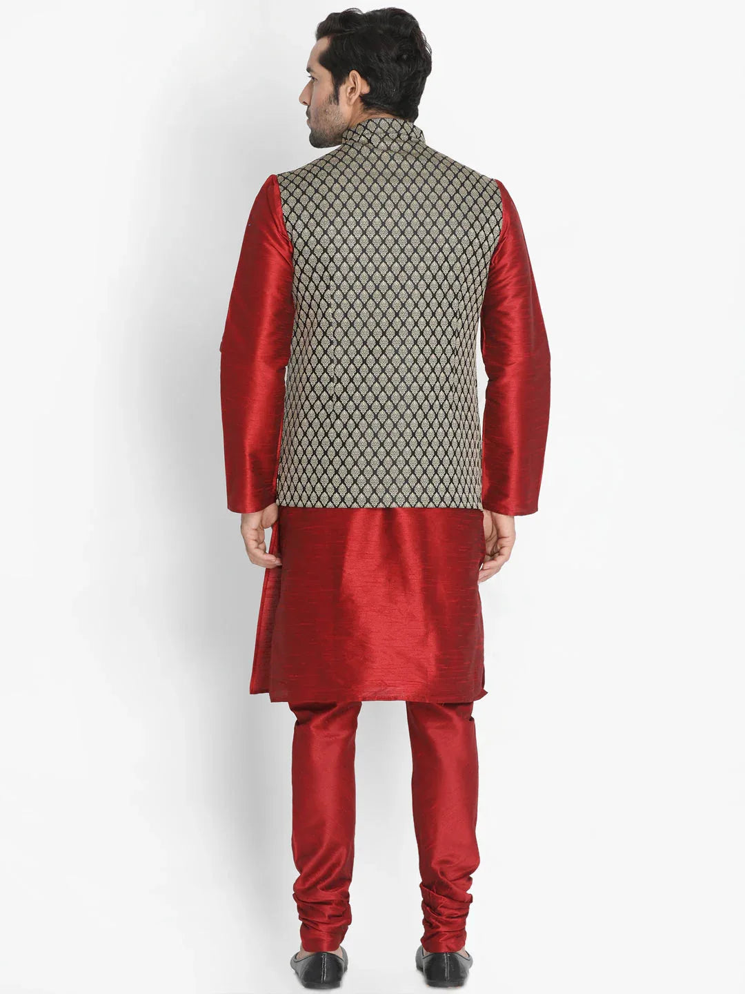 Men's Maroon Silk Blend Jacket With Kurta Pyjama Set