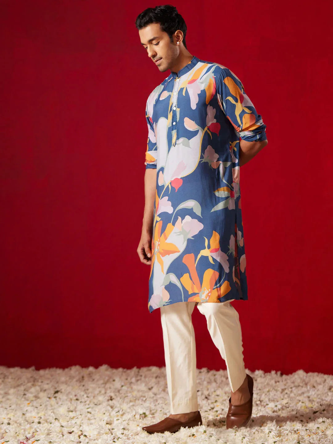 Men's Multicolor Base Blue Cotton Printed Kurta Pant Set