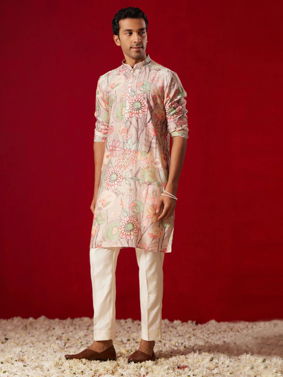 Men's Multicolor Base Peach Cotton Printed Kurta Pant Set