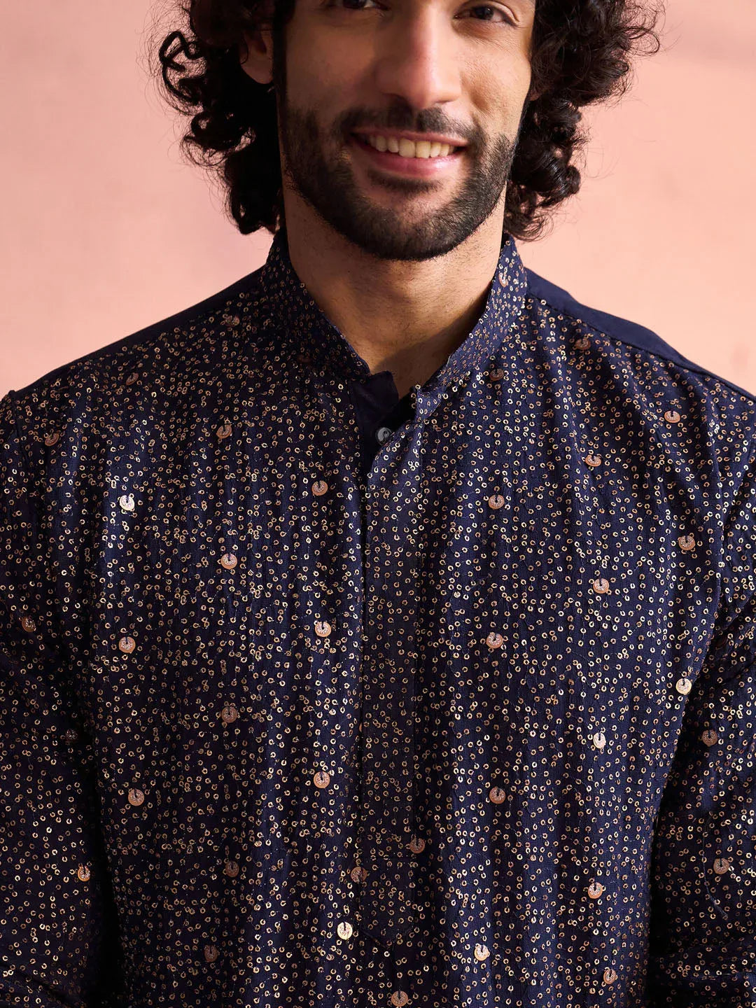 Men's Navy Blue Georgette Zari With Sequins Worked Kurta Pant Set