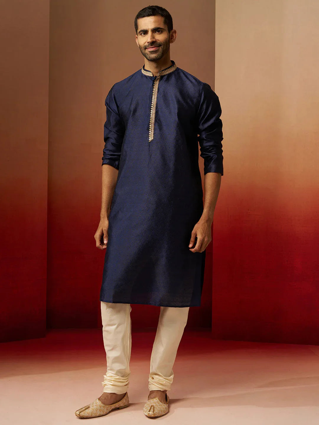 Men's Navy Blue Jacquard Kurta with Cream Churidar Set