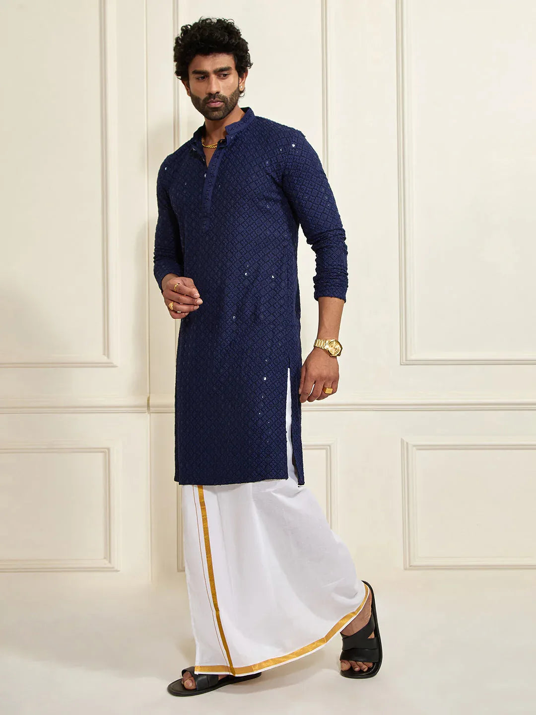 Men's Navy Blue Rayon Cotton Kurta And Mundu Set