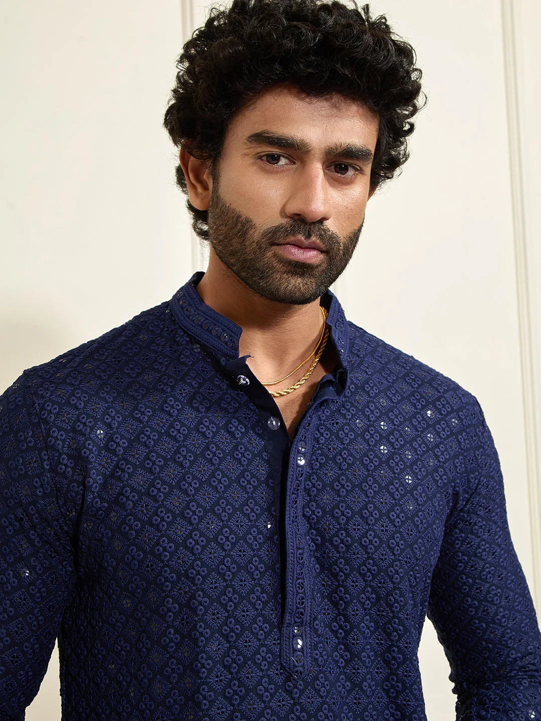 Men’s Navy Blue Shifli Sequin Embroidered Kurta with Cream Pyjama Set