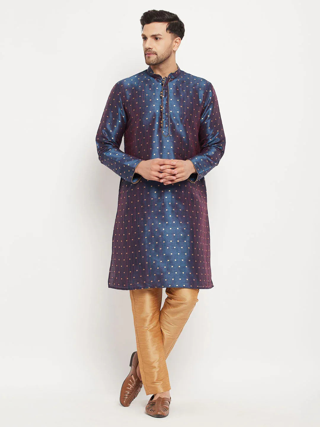 Men's Navy Blue Zari Weaved Kurta And Pant Set