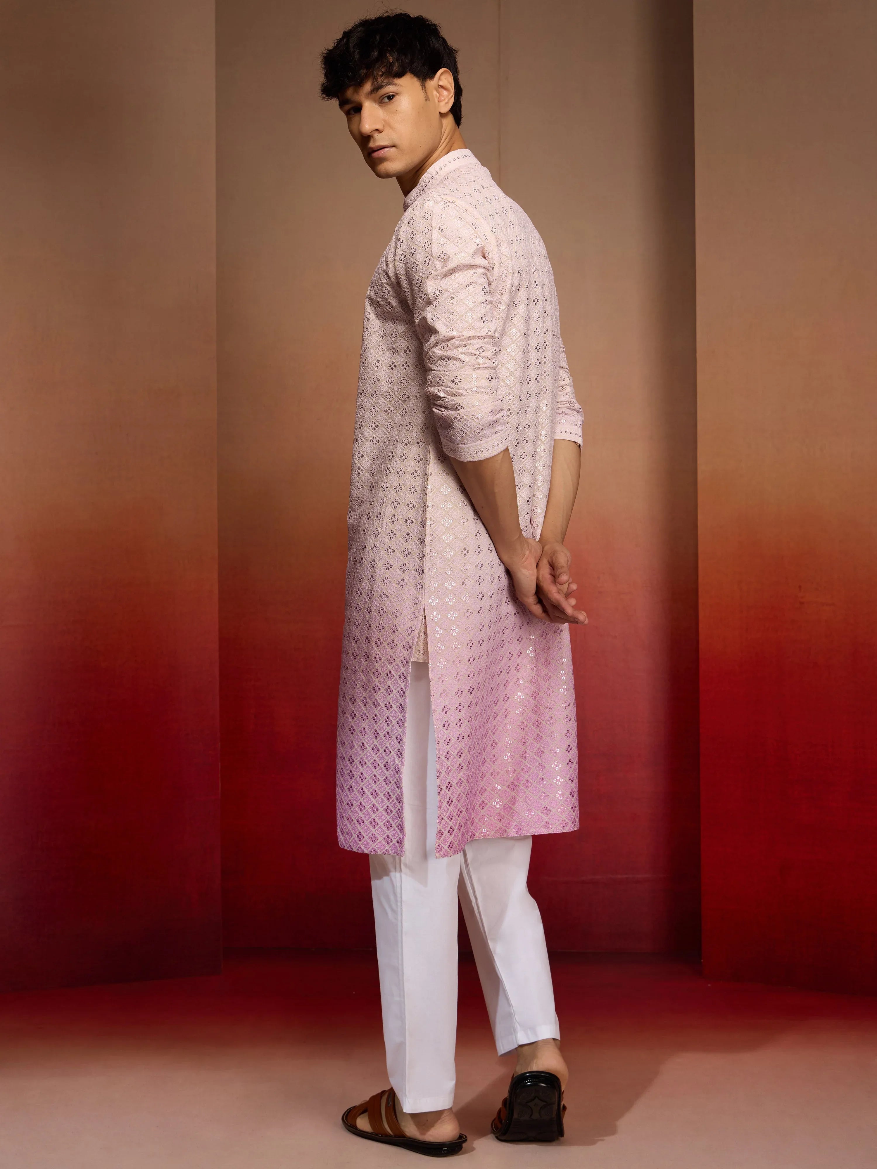 Men's Onion Cotton Sequin Ombre Kurta with White Trousers