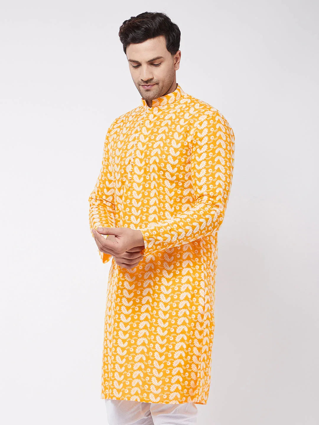 Men's Orange Pure Cotton Chikankari Kurta