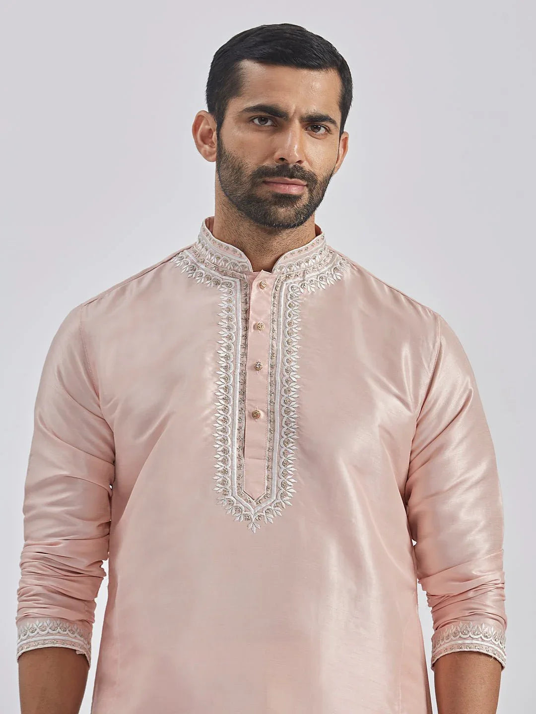 Men's Peach Hand Embroidered Silk Blend Kurta Pyjama Set