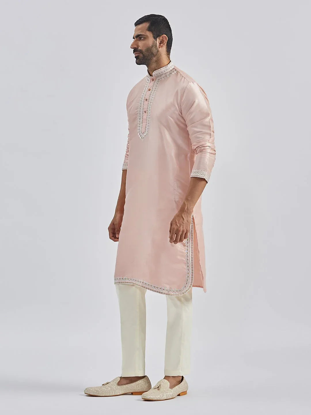 Men's Peach Hand Embroidered Silk Blend Kurta Pyjama Set