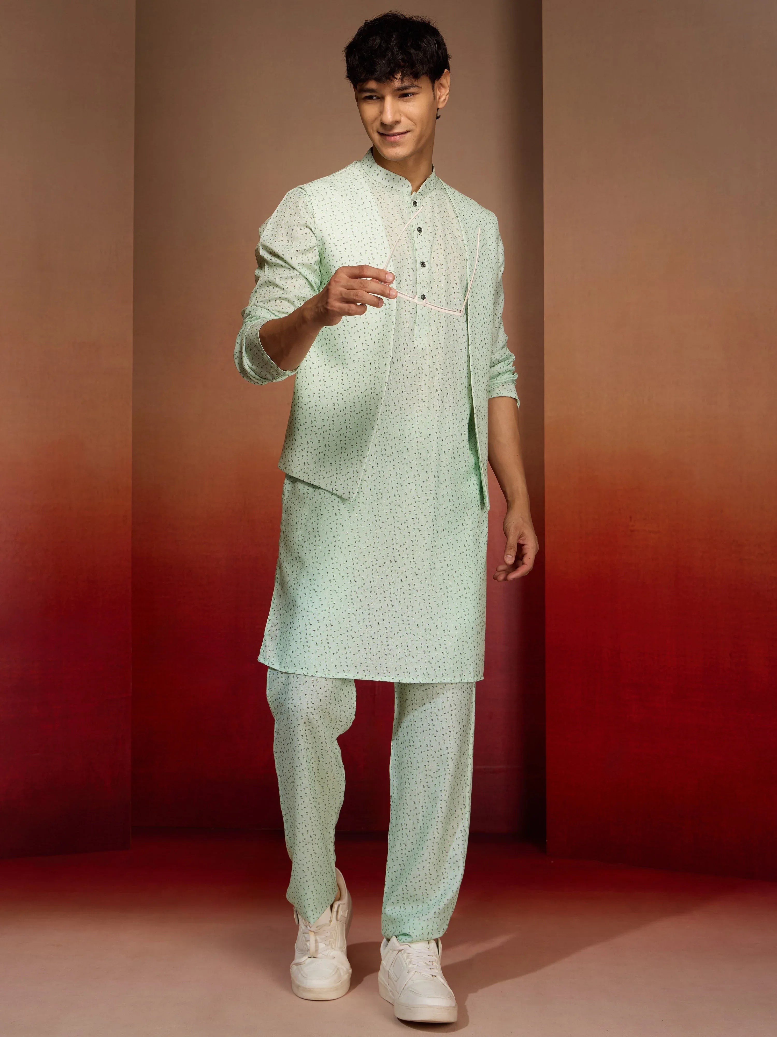 Men's Peach Mint Green Cotton Linen 3-Piece Set