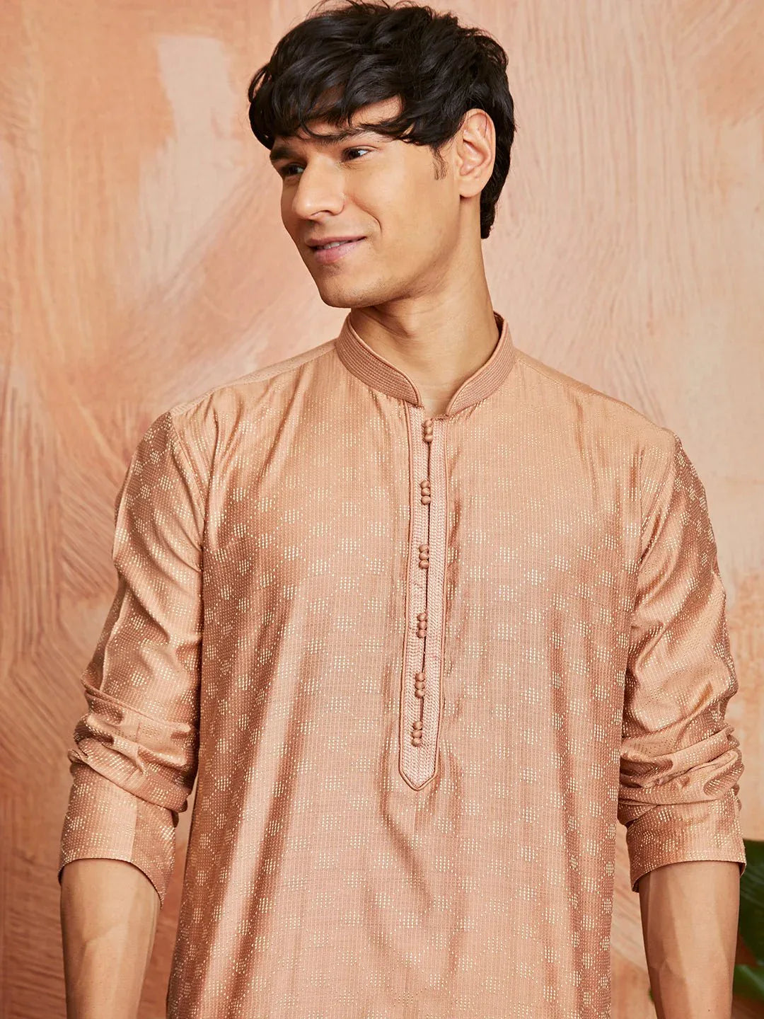 Men’s Peach Silk Blend Jacquard Kurta with Cream Pyjama
