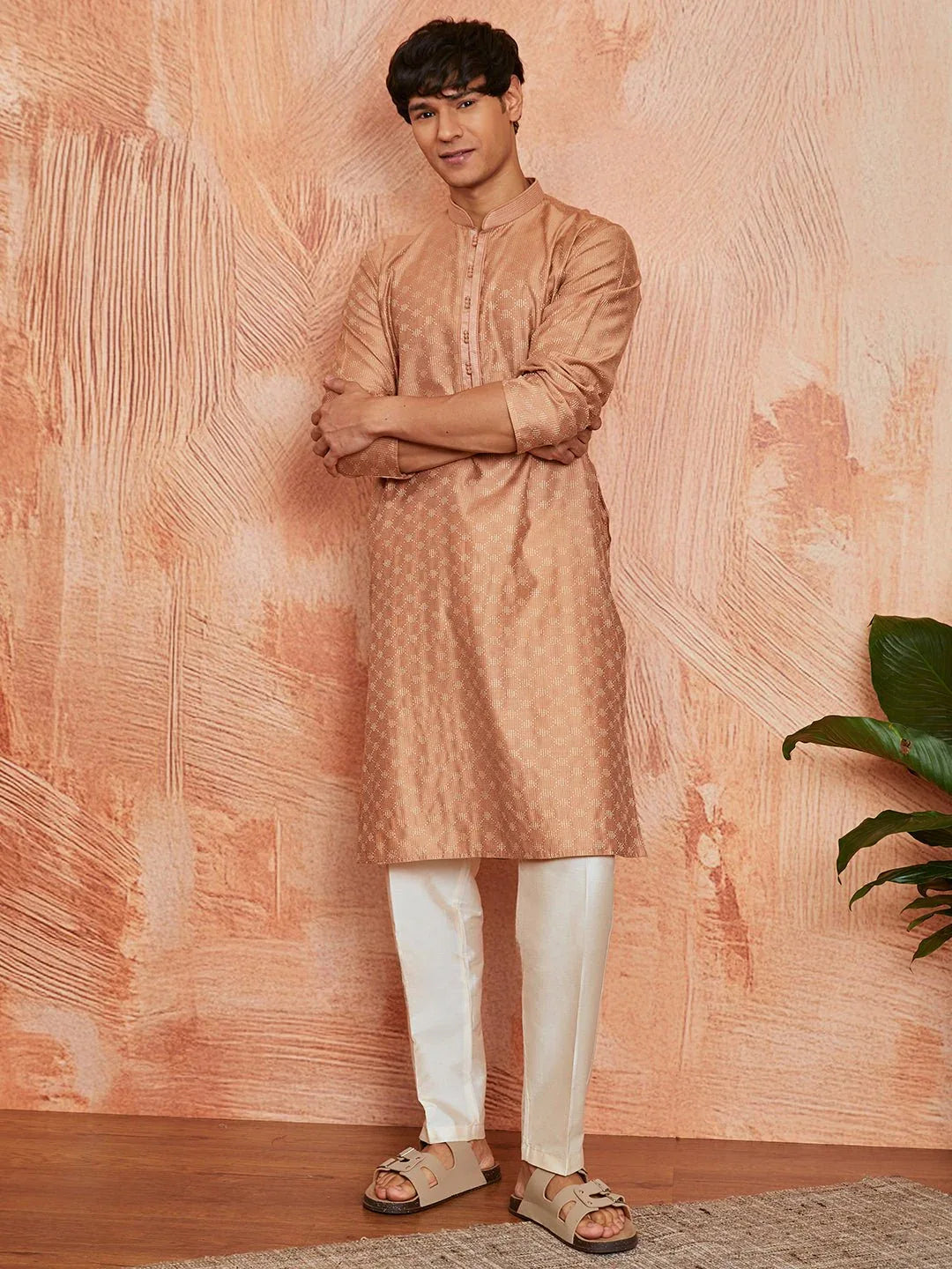Men’s Peach Silk Blend Jacquard Kurta with Cream Pyjama