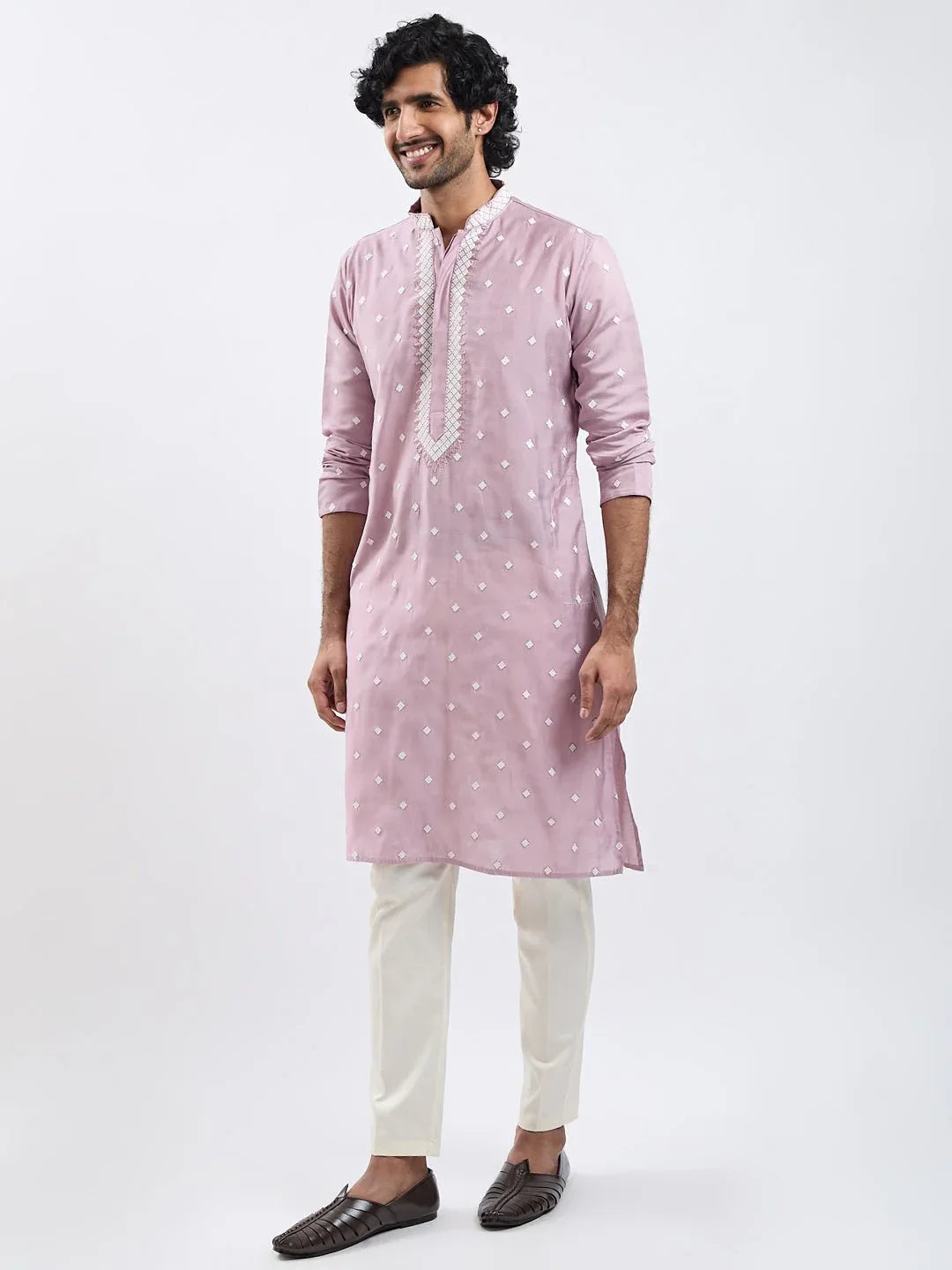 Men’s Pink Embroidered Silk Blend Kurta Pyjama Set