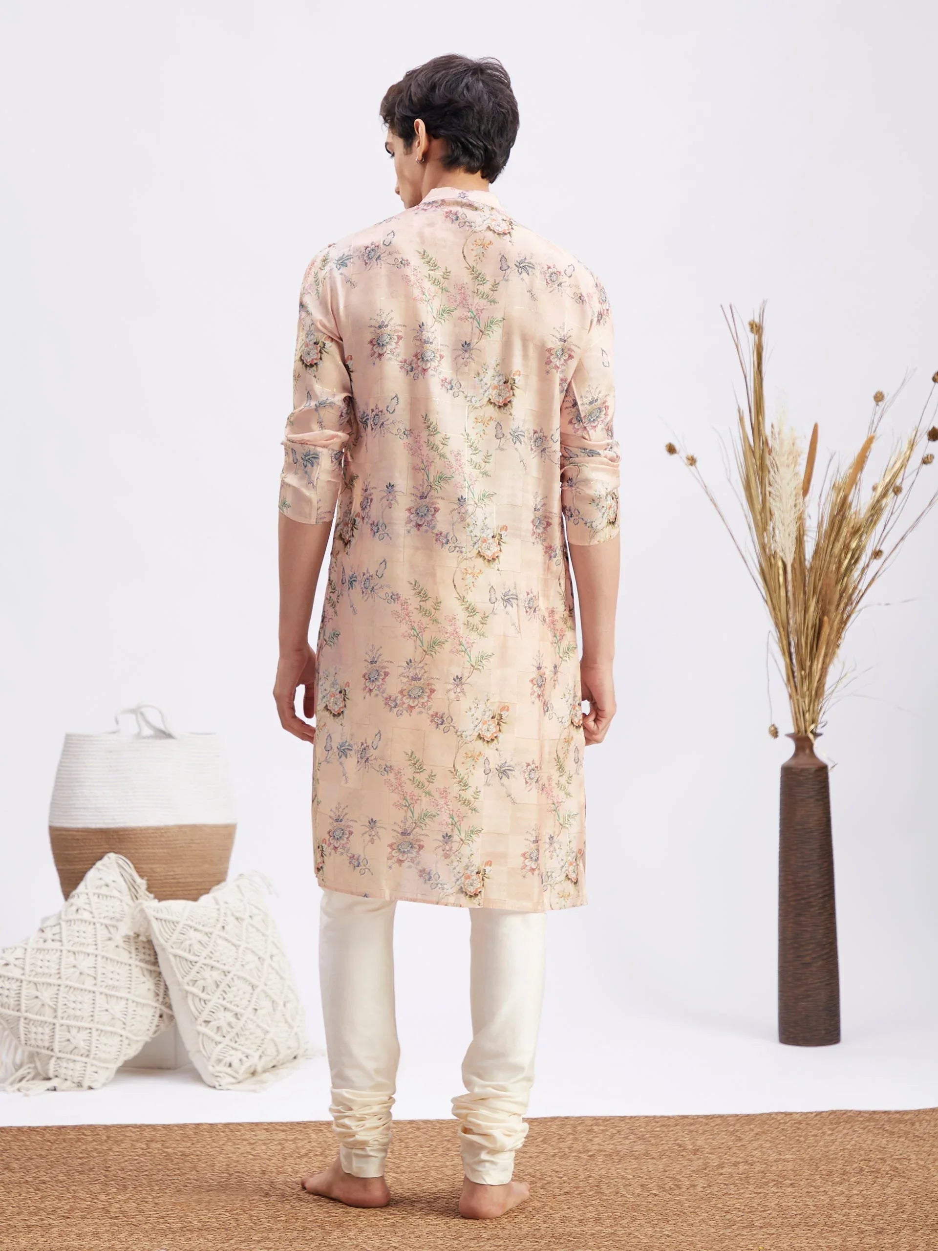 Men's Pink Floral Printed Silk Blend Kurta Pyjama Set