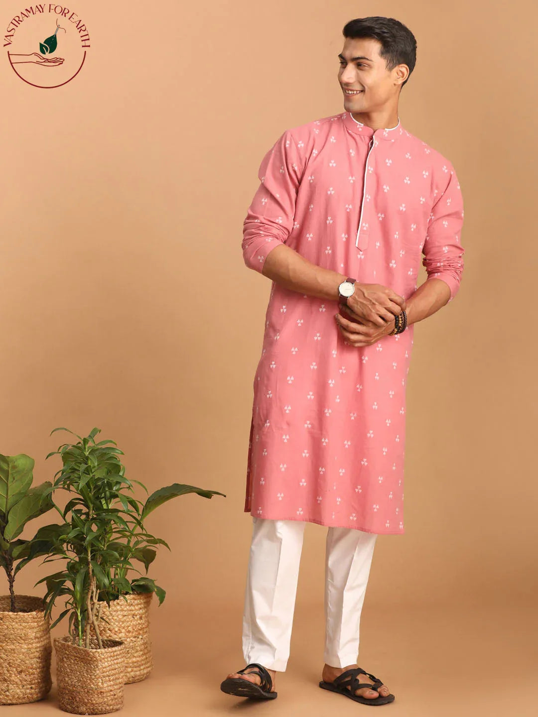 Men's Pink Geometric Booti Jacquard Kurta With White Pant Set