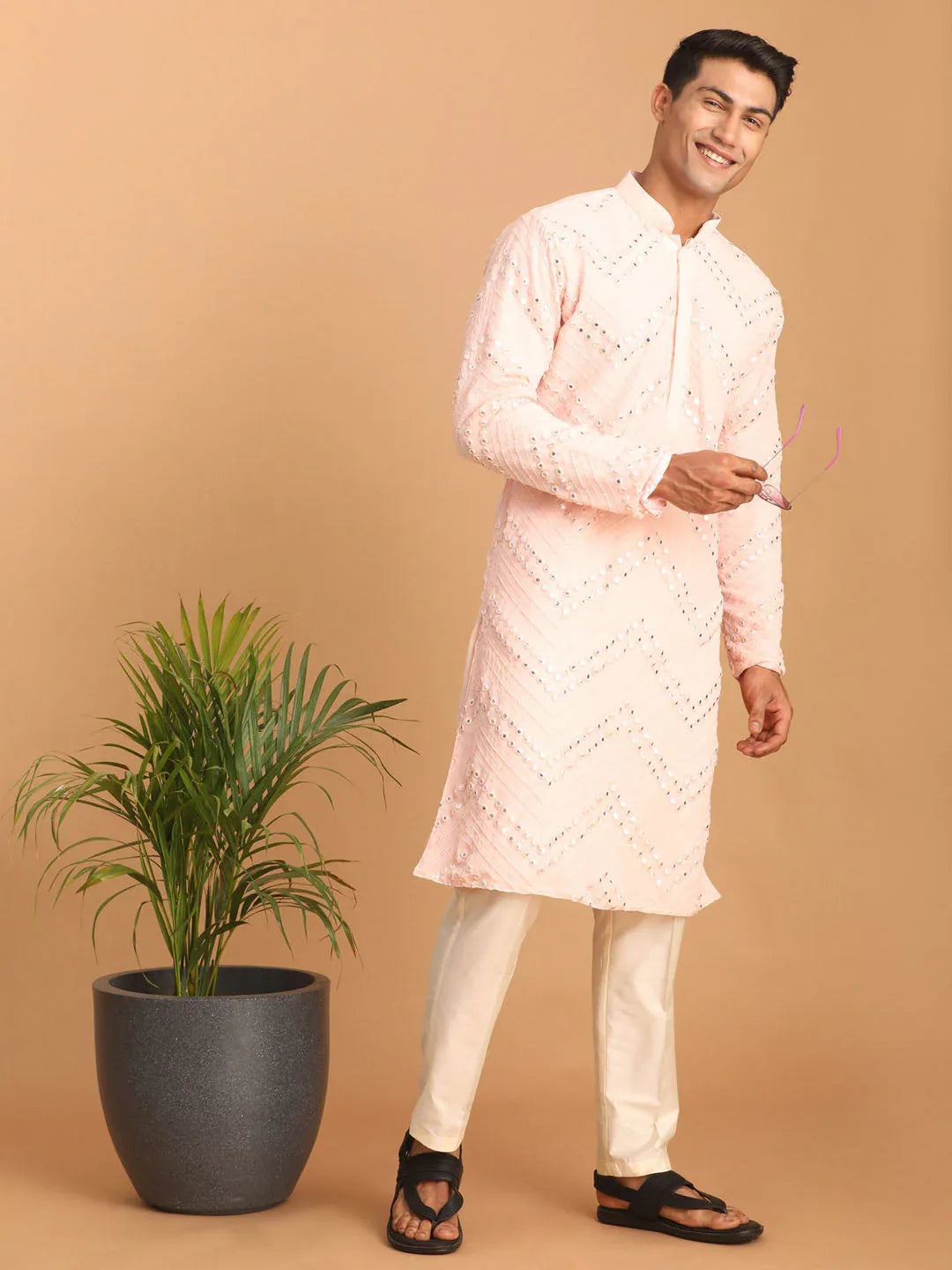 Men's Pink Mirror Kurta Pant Set