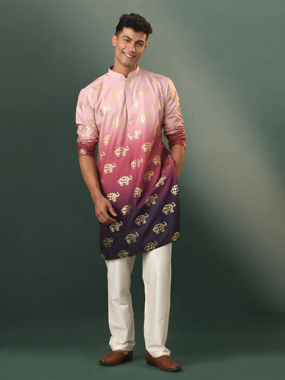 Men’s Pink Silk Blend Foil Elephant Print Kurta with Cream Pyjama Set