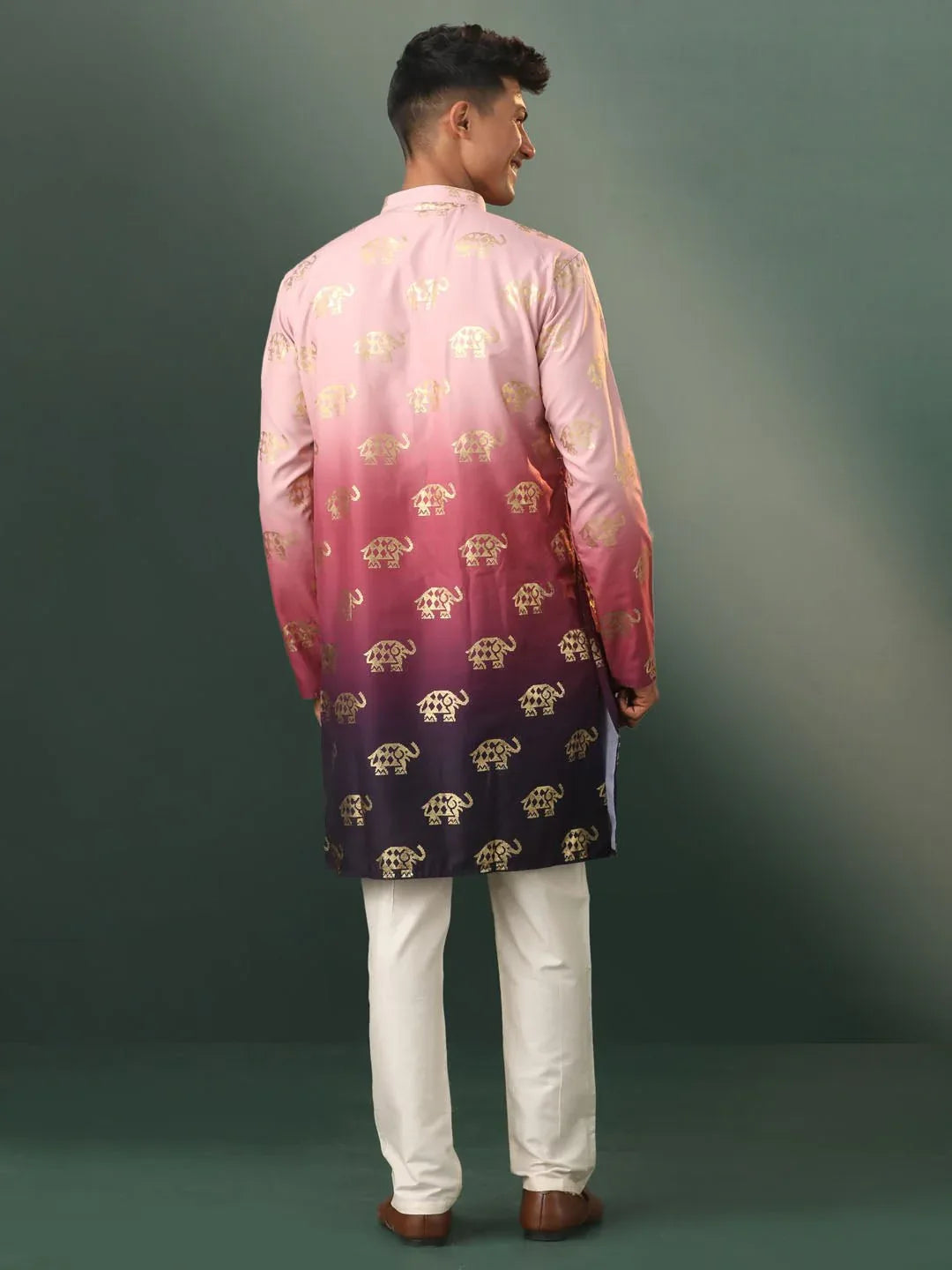 Men’s Pink Silk Blend Foil Elephant Print Kurta with Cream Pyjama Set