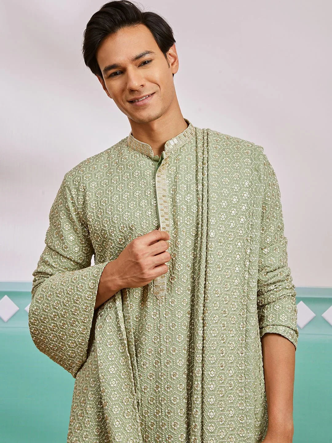 Men's Pista Green Chikankari Rayon Kurta with Cream Pyjama & Pista Embroidered Dupatta