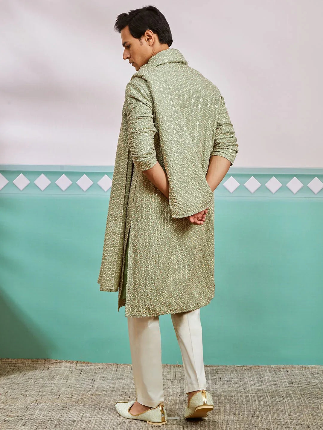 Men's Pista Green Chikankari Rayon Kurta with Cream Pyjama & Pista Embroidered Dupatta