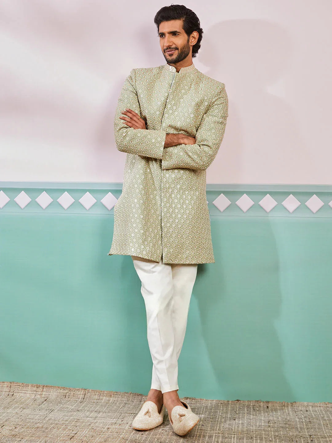 Men's Pista Green Rayon Indo Western And Pyjama Set