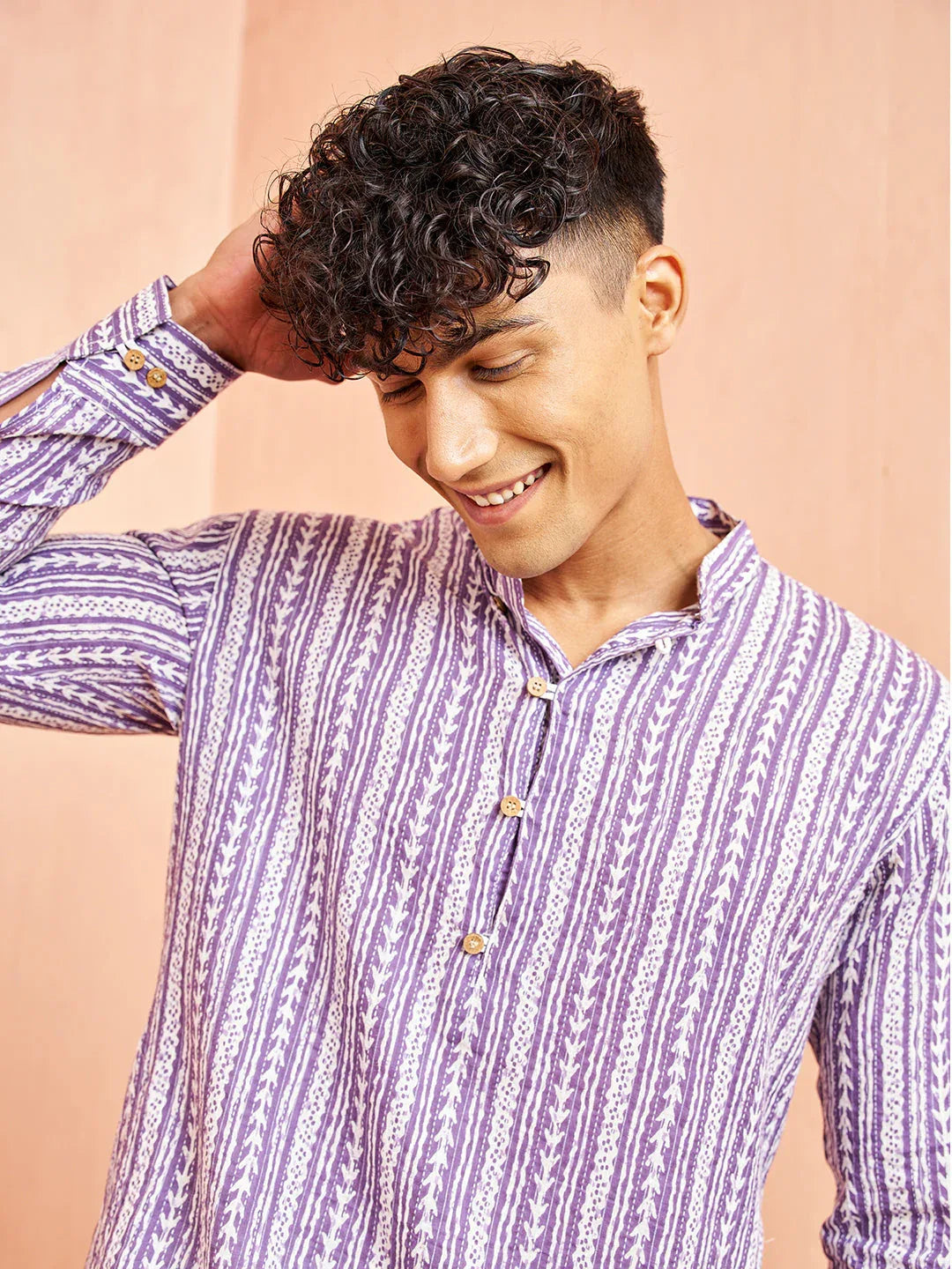 Men's Purple And White Batik Printed Kurta With White Pant Set