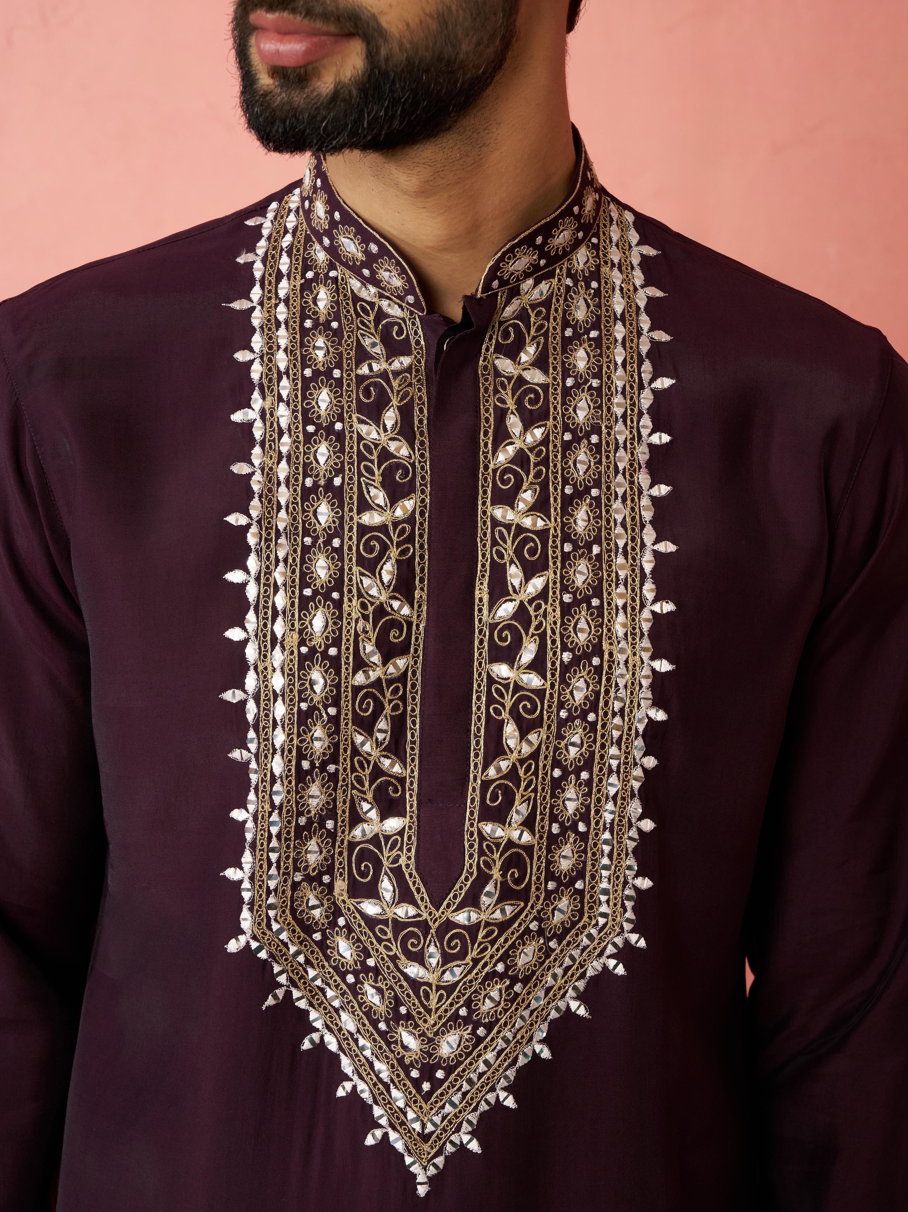 Men's Purple Chanderi Kurta Set with Cream Pyjama