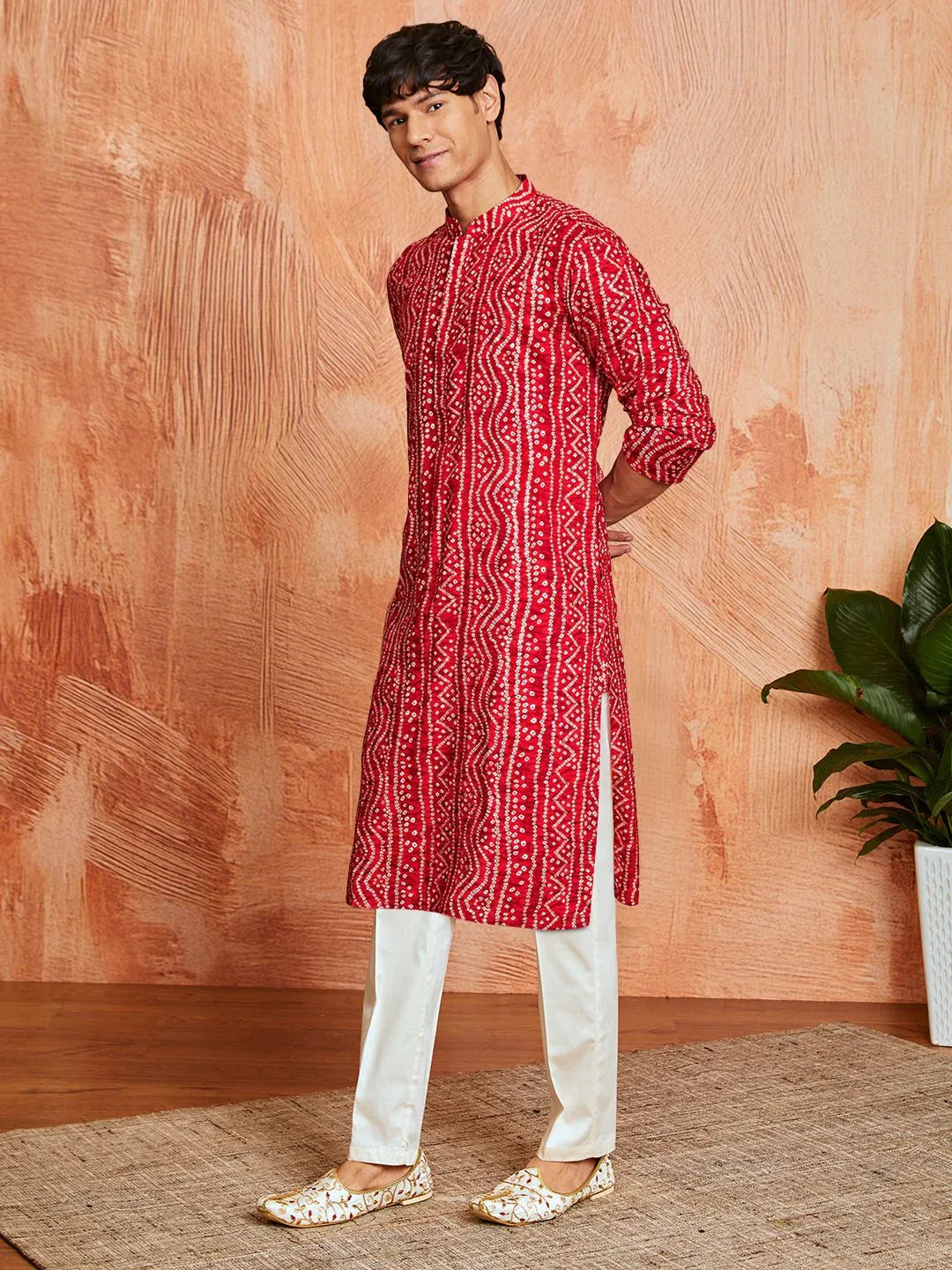 Men's Red Foil Bandhani Digital Print Rayon Kurta with Cream Viscose Pyjama