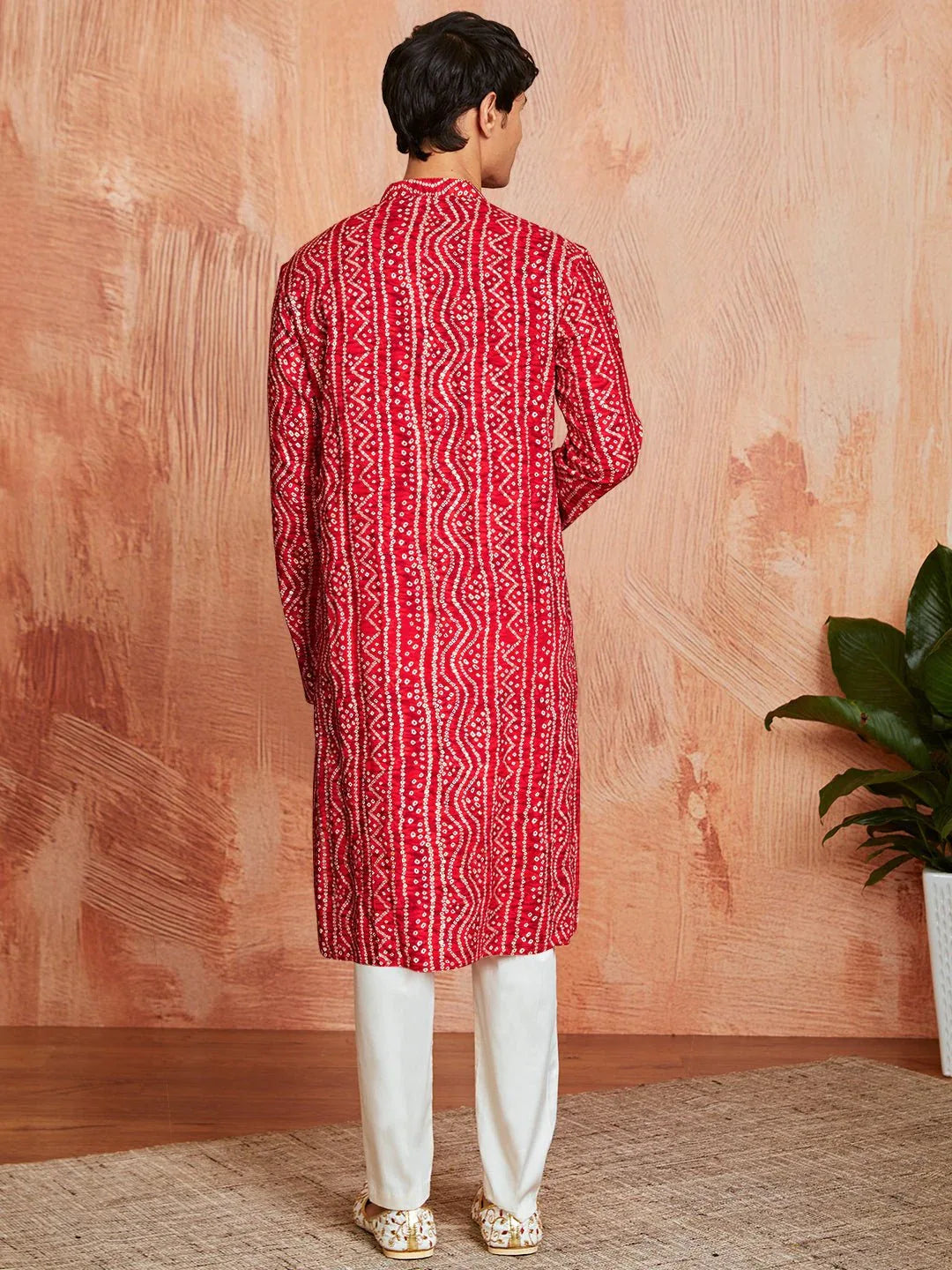 Men's Red Foil Bandhani Digital Print Rayon Kurta with Cream Viscose Pyjama
